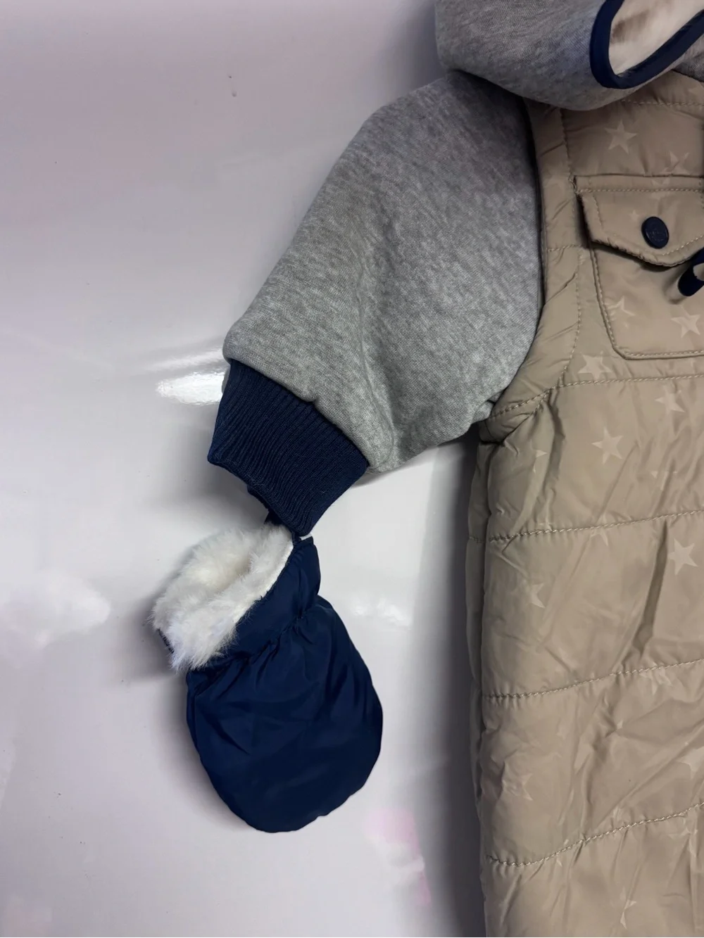 Kids Quilted Hooded One-Piece Snowsuit in Beige and Navy